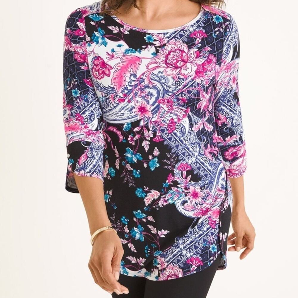 Chico's womens T-shirt paisley 3/4 length sleeve style colorful floral Bohemian